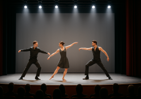 Tres bailarines contemporáneos interpretan una coreografía sincronizada sobre un escenario iluminado, frente a un público atento.