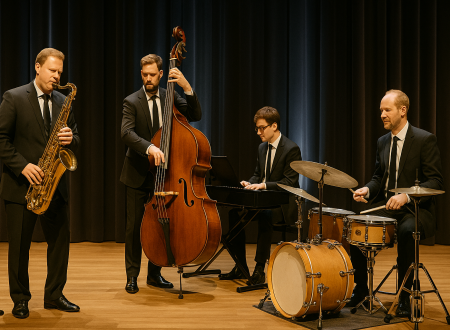 Cuarteto de jazz tocando en un escenario interior: saxofonista, contrabajista, pianista y baterista vestidos de traje oscuro.