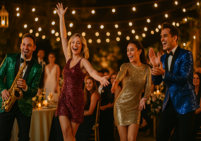 Cuatro artistas con vestuario brillante animan una fiesta nocturna al aire libre con música y baile. Un saxofonista lidera la escena.