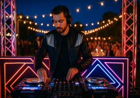 DJ con chaqueta de cuero y auriculares mezcla música en una cabina iluminada con luces de neón, durante un evento nocturno al aire libre.