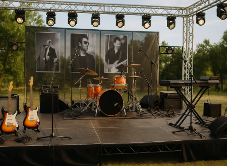 Escenario al aire libre con instrumentos musicales listos para un concierto: batería, guitarras, teclado y micrófonos. Al fondo, retratos en blanco y negro de músicos.