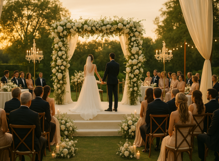 Pareja de novios de espaldas bajo un arco floral blanco durante una ceremonia de boda al atardecer, rodeada de invitados.